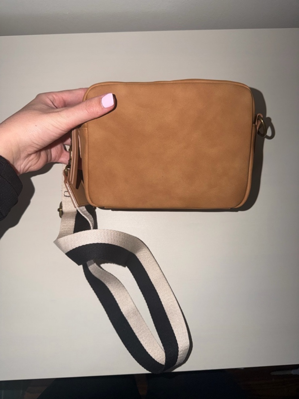 Tan Crossbody Bag with Wide Striped Strap
